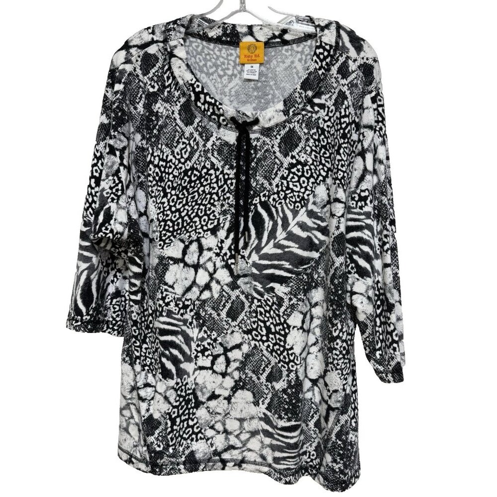 Ruby Rd Womens 1X Top Shirt Artsy 3/4 Sleeve Tie Neck Knit Black White Knit